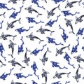 Cute blue and grey dolphin seamless pattern.
