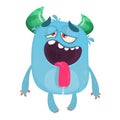 Cute blue horned cartoon monster. Funny flying monster showing tongue. Halloween vector illustration. Royalty Free Stock Photo