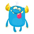 Cute blue and horned cartoon monster. Funny monster with smiling expression Royalty Free Stock Photo