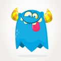 Cute blue and horned cartoon monster.and long tongue. Halloween vector Royalty Free Stock Photo