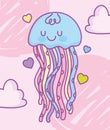 Cute blue jellyfish hearts love clouds decoration