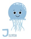 Cute blue jellyfish with sign. J letter learning. Cartoon style. Vector isolated on white background Royalty Free Stock Photo