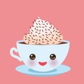 Cute blue Kawai cup with pink cheeks and eyes, coffee with cream and chocolate sprinkls on pink background. Vector