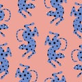 Cute blue leopard on a pink background. Wild spotted cat. Seamless pattern. Royalty Free Stock Photo