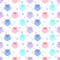 Cute blue, light blue, pink and violet owls with stars in the ba