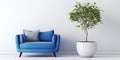 Cute blue loveseat sofa or snuggle chair and pot with branch. Interior design of modern living room with white wall