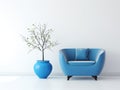 Cute blue loveseat sofa or snuggle chair and pot with branch. Interior design of modern living room with white wall