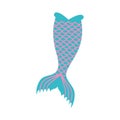 Cute blue mermaid tail with pink squama isolated on white background. Design element for girls sea party, greeting card Royalty Free Stock Photo