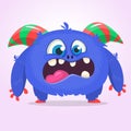 Cute blue monster cartoon with funny expression. Halloween vector illustration of fat furry troll or gremlin monster Royalty Free Stock Photo