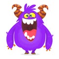 Cute blue monster cartoon with funny expression. Halloween vector illustration of fat furry troll or gremlin monster isolated.