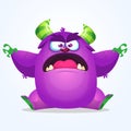 Cute blue monster cartoon with funny expression. Halloween vector illustration of fat furry troll or gremlin monster Royalty Free Stock Photo