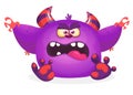 Cute blue monster cartoon with funny expression. Halloween vector illustration of fat furry troll or gremlin monster isolated. Royalty Free Stock Photo