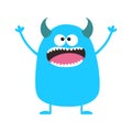 Cute blue monster icon. Happy Halloween. Cartoon colorful scary funny character. Eyes, tongue, horns, holding hands up. Funny baby Royalty Free Stock Photo