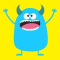 Cute blue monster icon. Happy Halloween. Cartoon colorful scary funny character. Eyes, tongue, horns, holding hands up. Funny baby Royalty Free Stock Photo