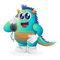 Cute blue monster pick up the phone, answering phone calls Royalty Free Stock Photo