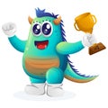 Cute blue monster winning award and celebrating success