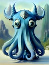 Cute blue octopus with big eyes. Generative AI Royalty Free Stock Photo