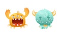 Cute Blue and Orange Monster Character as Toothy and Hairy Mutant with Funny Friendly Face and Big Mouth Vector Set Royalty Free Stock Photo