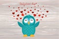 Cute Blue Owlet happy smiles and spreads wings hearts up. Greeti