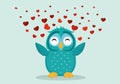 Cute Blue Owlet happy smiles and spreads wings hearts up.