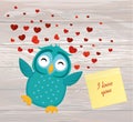 Cute Blue Owlet happy smiles and spreads wings hearts up. Yellow