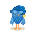 Cute blue owlet sleeping, sweet owl bird cartoon character vector Illustration on a white background