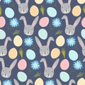 Cute blue pattern with rabbits, eggs and flowers Royalty Free Stock Photo
