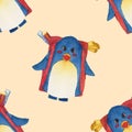 Cute Blue Penguin with Backpack Watercolor on Yellow Background. Vector Illustration