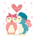 Cute blue penguin boy with flower kiss happy pink penguin girl with big Love you heart,  pastel flat vector cartoon character Royalty Free Stock Photo