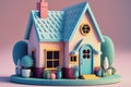 cute blue and pink 3d house model against pink background