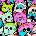 cute blue and pink smiley cartoon kitty background , generative ai