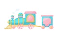 Cute blue-pink train with steam on white background. Cartoon transport for kids cards, baby shower, birthday invitation, house