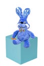 Cute blue plush bunny or rabbit with bow tie on a gift box isolated on a white background. Easter greeting card template with Royalty Free Stock Photo