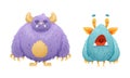 Cute Blue and Purple Monster Character as Toothy and Hairy Mutant with Funny Friendly Face and Big Mouth Vector Set Royalty Free Stock Photo