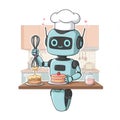 Cute Blue Robot Chef Making Pancakes in Pixel Art Kitchen Royalty Free Stock Photo