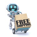 Cute blue robot with hand truck Free shipping concept Front view 3D Royalty Free Stock Photo