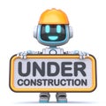 Cute blue robot hold under construction sign 3D Royalty Free Stock Photo