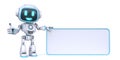 Cute blue robot holding blank rectangle board 3D