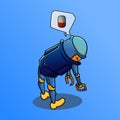 Cute blue robot mascot character design feeling tired because the battery runs out