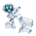 Cute blue robot push empty shopping cart 3D