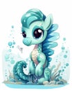 Cute blue seahorse on a glistening seafoam background