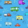 Cute blue pattern with cartoon city transport