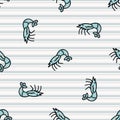 Cute blue shrimp cartoon seamless vector pattern. Hand drawn crustacean for marine life blog. Prawn arthropod all over