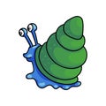 Cute blue snail with green house shell go to garden