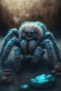 Cute blue spider on blurred background created using generative ai technology