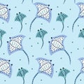 Cute blue stingray hand drawn seamless pattern on pastel blue background