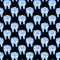 Cute blue teeth, decorated with a bow on a black background. Seamless pattern. Watercolor illustration. Medicine, dentistry. For