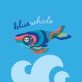 Cute blue tribal whale in the ocean. Vector logo design