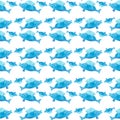 Cute blue watercolor fish with pink cheecks seamless pattern on white background