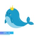 Cute blue whale in delicate blue colors and a golden crown on his head. Proud and sweet. Vector illustration.